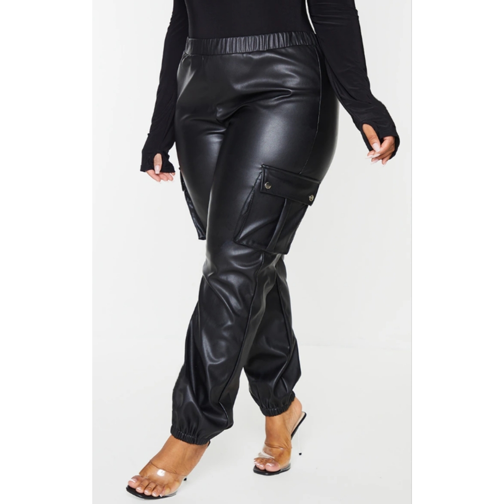 Pretty Little Thing Black Faux Leather Cargo Pants NWT Size 20